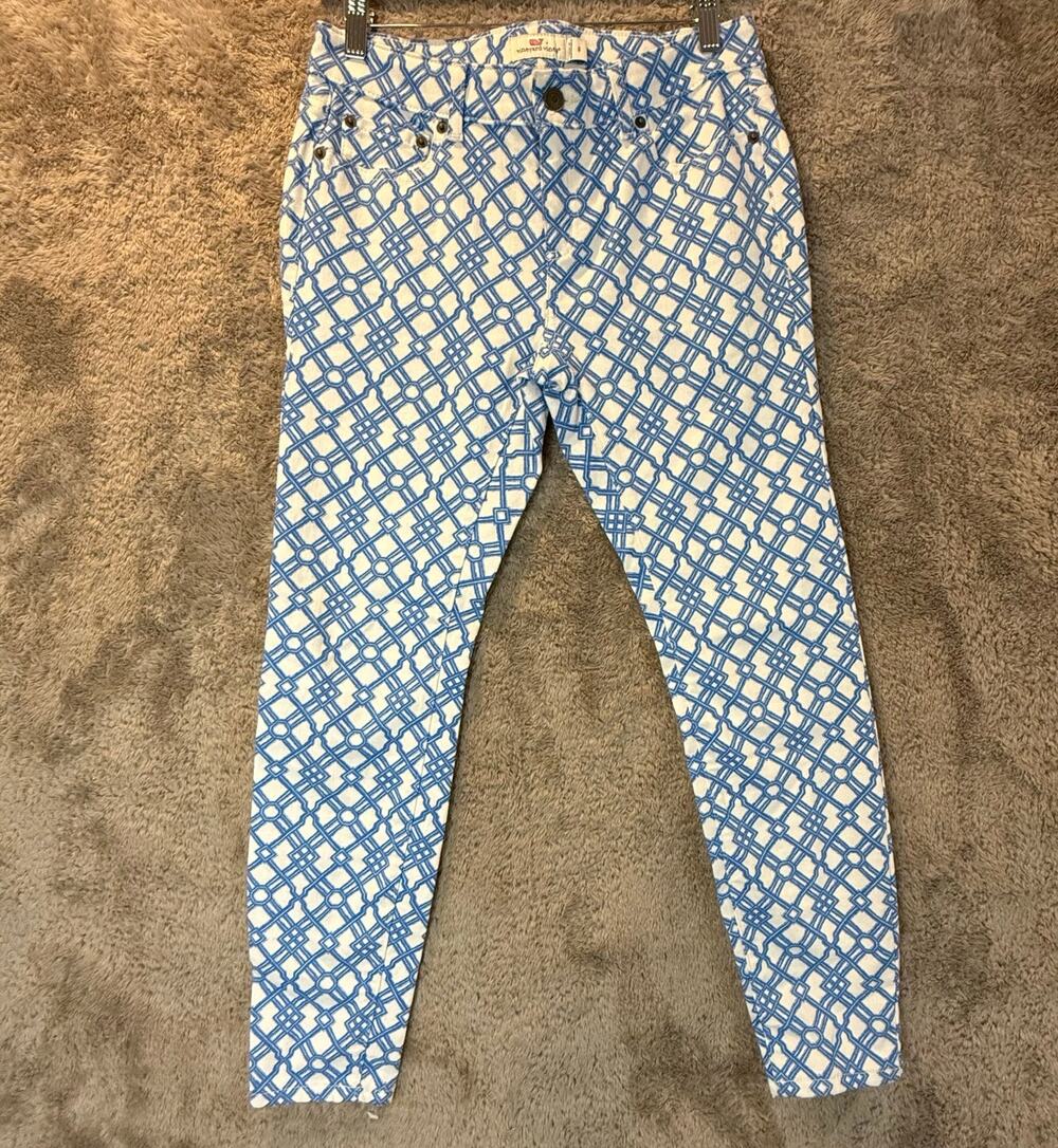 Vineyard Vines Blue White Lattice Print Ankle Jeans Pants Women's 6